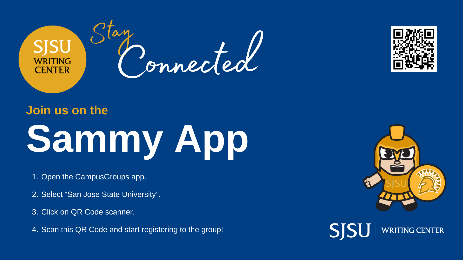 Text on blue background with QR code